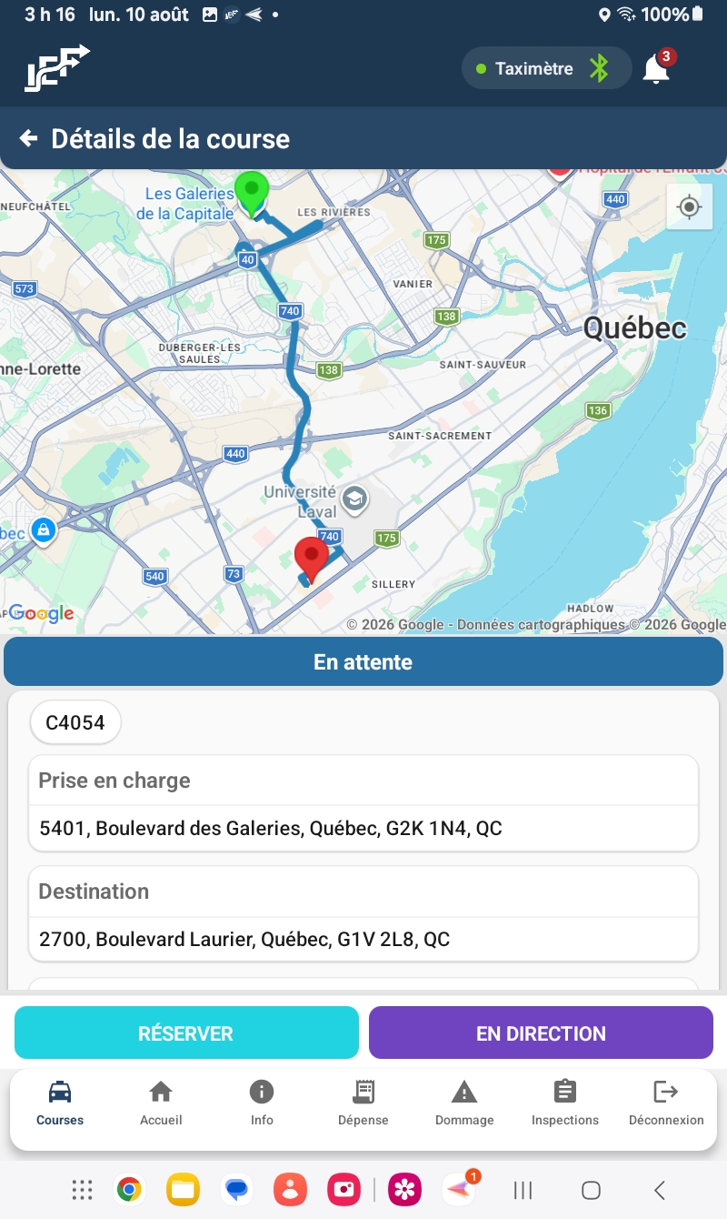 Application chauffeur IEF : détail d'une course avec tracé sur la carte