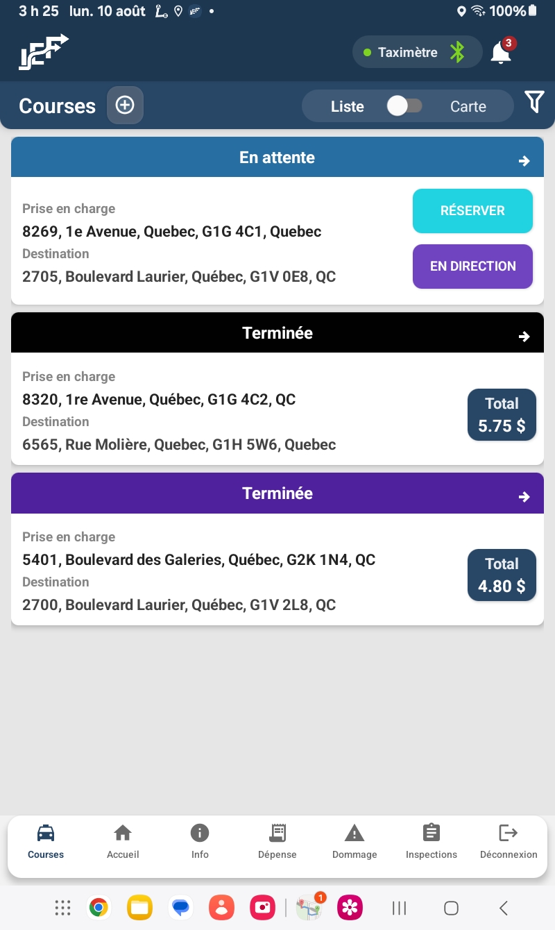 Application chauffeur IEF : liste des courses avec statuts et totaux