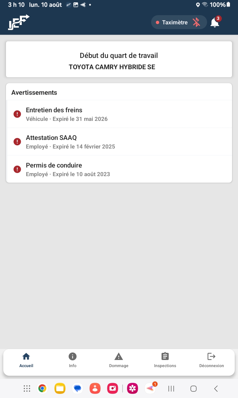 Application chauffeur IEF : début de quart avec avertissements d'entretien et de conformité